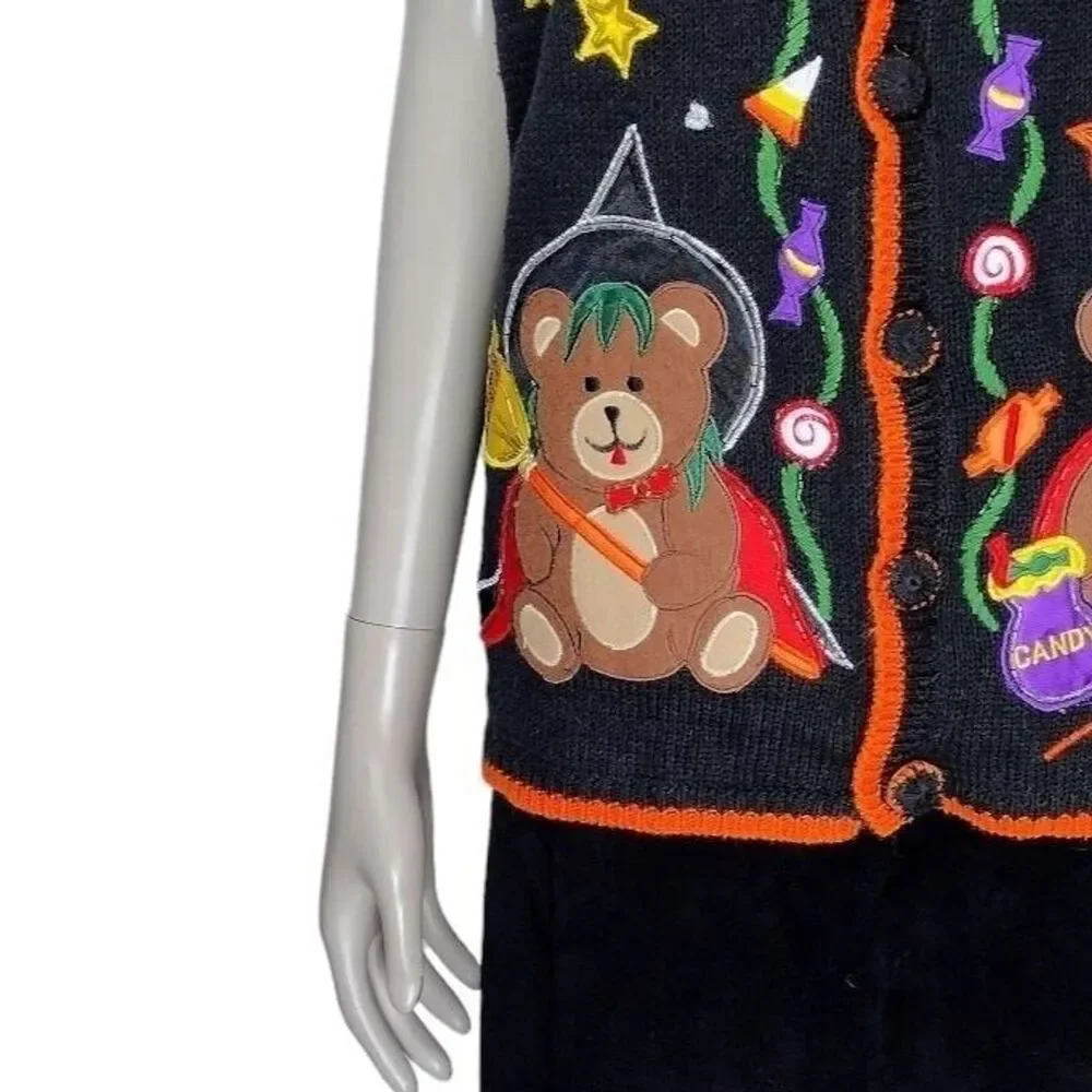 Vintage Halloween Devil Witch Star Moon Candy Corn Knit Holiday Grandma Vest NEW